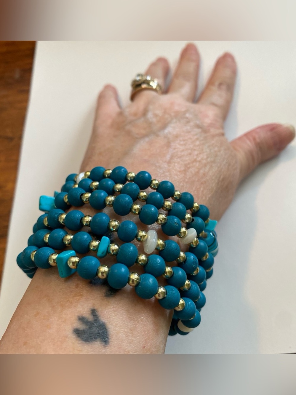 Teal Beaded Wrap Bracelet with Gold Accents